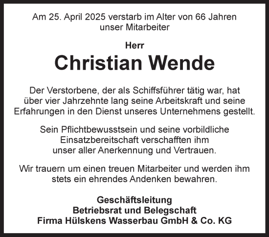 Traueranzeige von Christian Wende von Tageszeitung