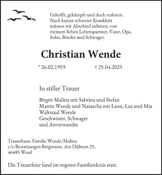 Traueranzeige von Christian Wende von Tageszeitung