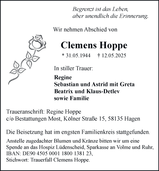 Traueranzeige von Clemens Hoppe von Tageszeitung