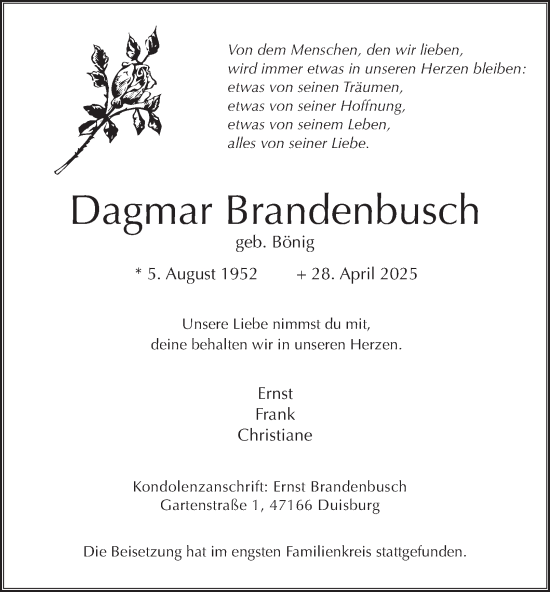 Traueranzeige von Dagmar Brandenbusch von Tageszeitung