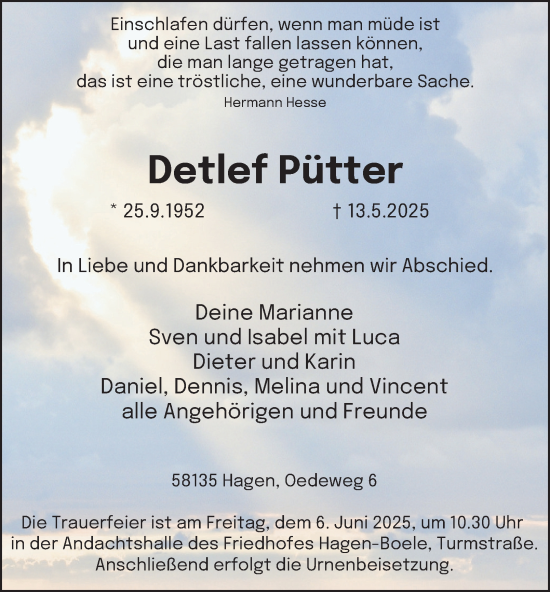 Traueranzeige von Detlef Pütter von Tageszeitung