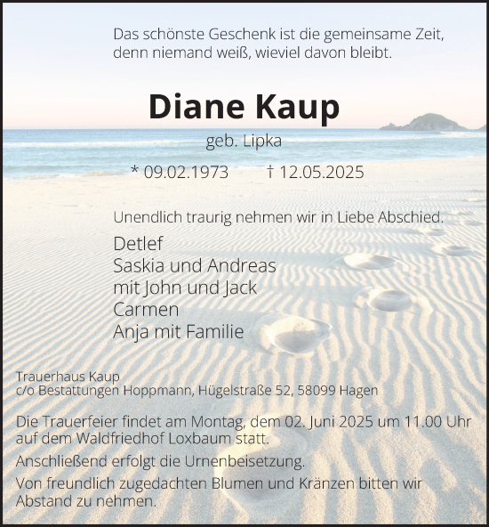 Traueranzeige von Diane Kaup von Tageszeitung