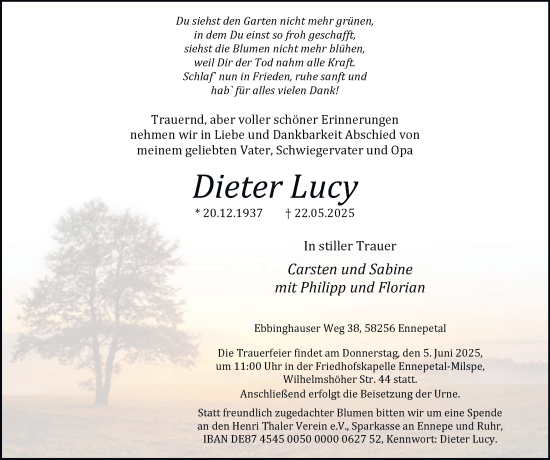 Traueranzeige von Dieter Lucy von Tageszeitung
