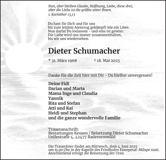 Traueranzeige von Dieter Schumacher von Tageszeitung