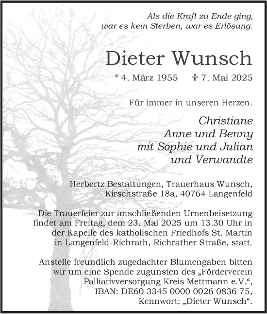 Traueranzeige von Dieter Wunsch von Tageszeitung
