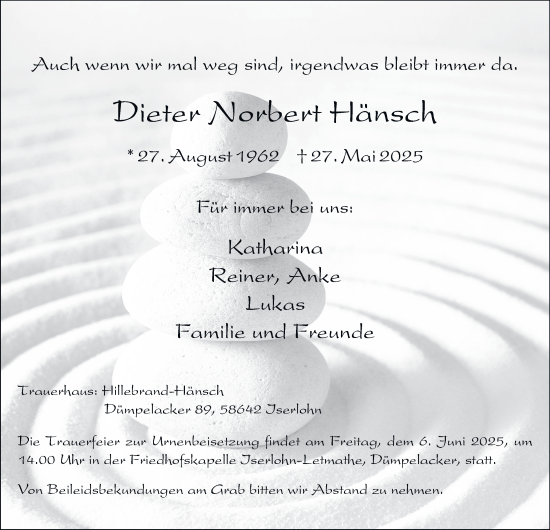 Traueranzeige von Dieter Norbert Hänsch von Tageszeitung