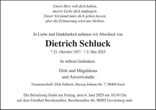 Traueranzeige von Dietrich Schluck von Tageszeitung