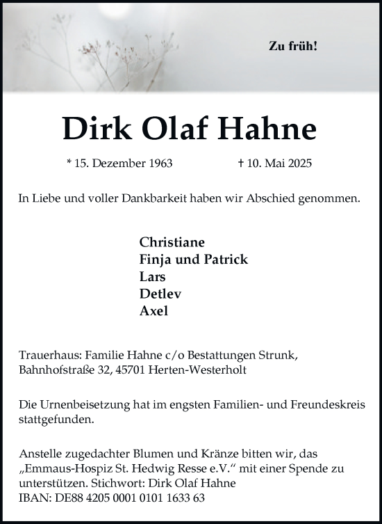 Traueranzeige von Dirk Olaf Hahne von Tageszeitung