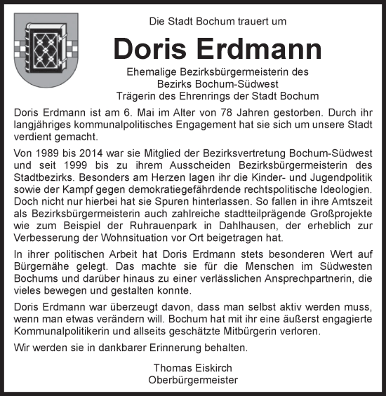 Traueranzeige von Doris Erdmann von Tageszeitung