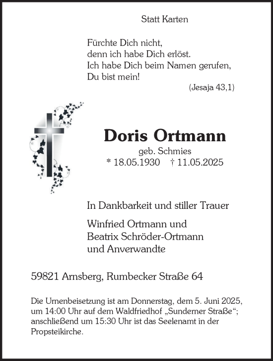 Traueranzeige von Doris Ortmann von Tageszeitung