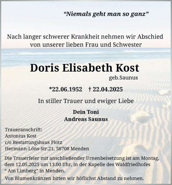 Traueranzeige von Doris Elisabeth Kost von Tageszeitung