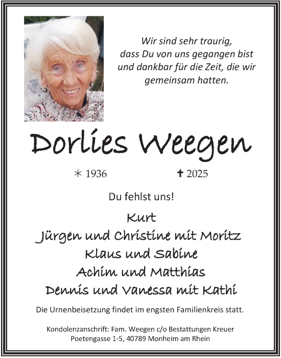 Traueranzeige von Dorlies Weegen von Tageszeitung