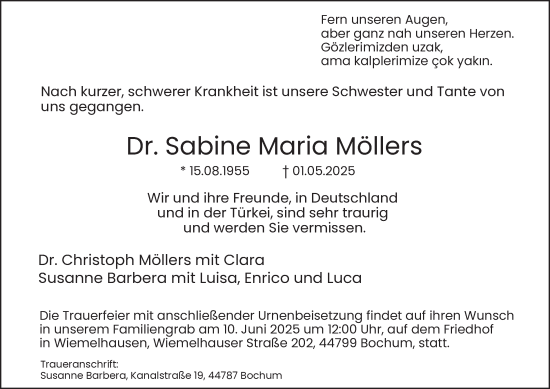 Traueranzeige von Dr. Sabine Maria Möllers von Tageszeitung