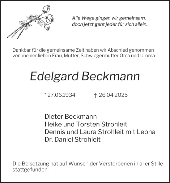 Traueranzeige von Edelgard Beckmann von Tageszeitung