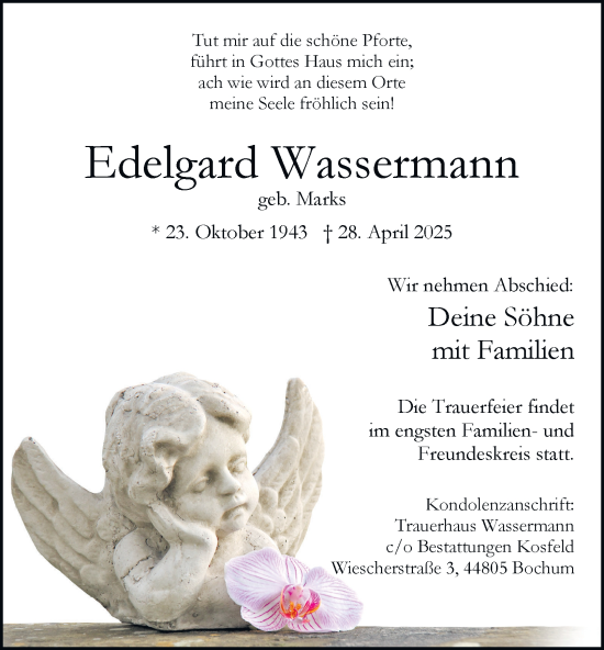 Traueranzeige von Edelgard Wassermann von Tageszeitung