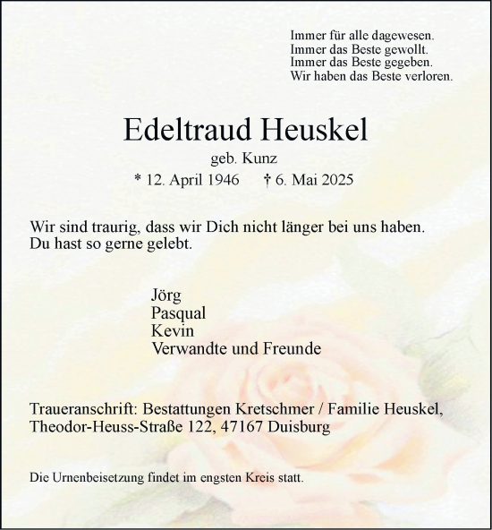 Traueranzeige von Edeltraud Heuskel von Tageszeitung