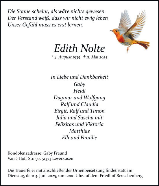 Traueranzeige von Edith Nolte von Tageszeitung