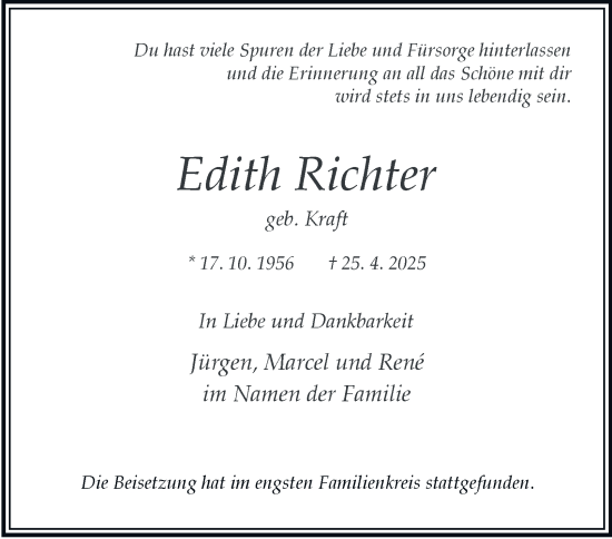 Traueranzeige von Edith Richter von Tageszeitung
