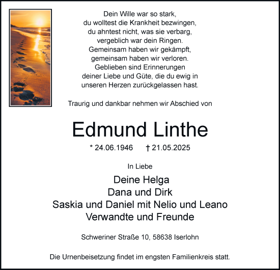 Traueranzeige von Edmund Linthe von Tageszeitung