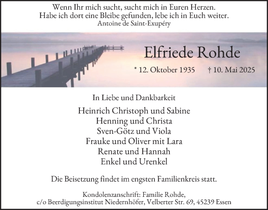 Traueranzeige von Elfriede Rohde von Tageszeitung
