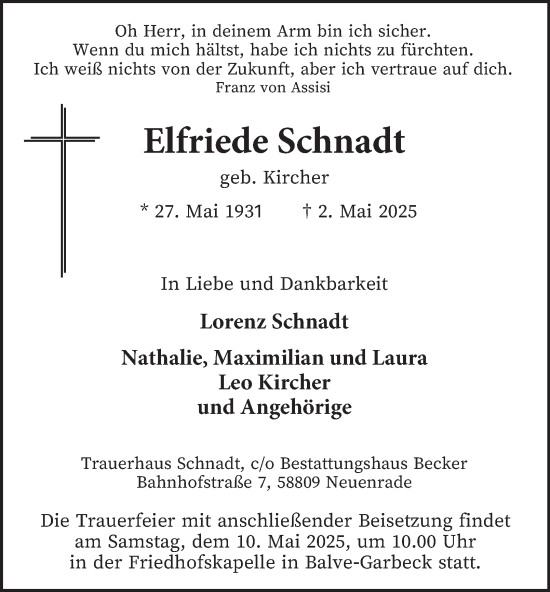 Traueranzeige von Elfriede Schnadt von Tageszeitung