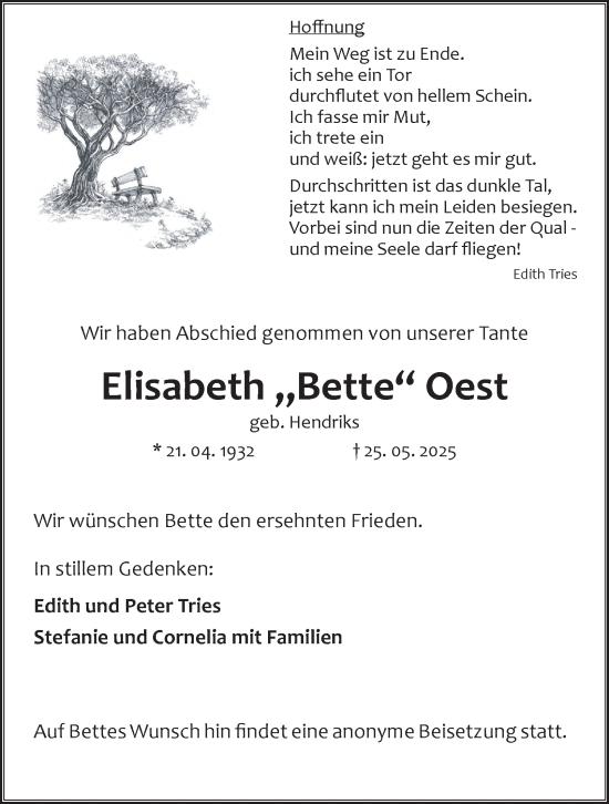 Traueranzeige von Elisabeth Oest von Tageszeitung