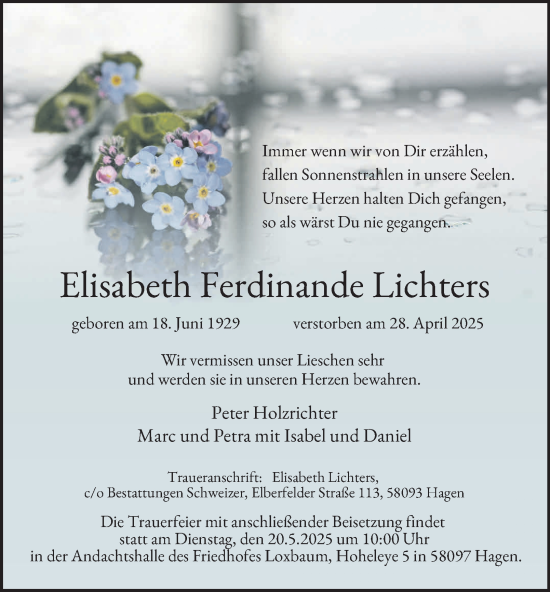 Traueranzeige von Elisabeth Ferdinande Lichters von Tageszeitung