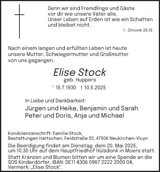 Traueranzeige von Elise Stock von Tageszeitung