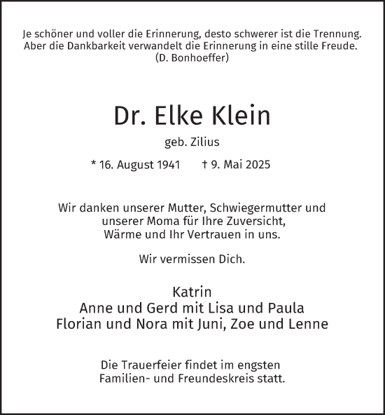 Traueranzeige von Elke Klein von Tageszeitung