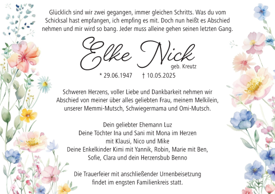 Traueranzeige von Elke Nick von Tageszeitung