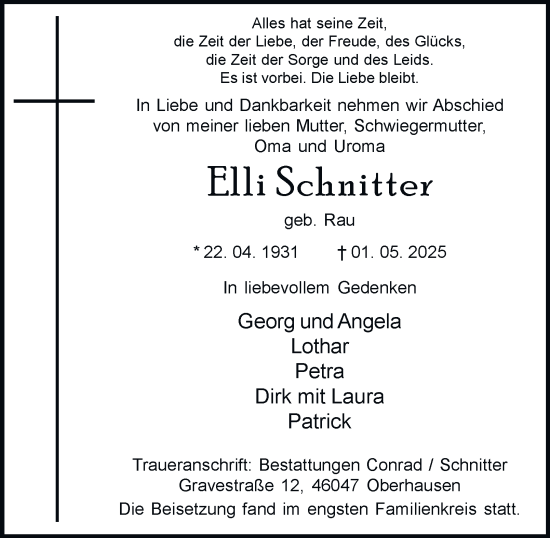 Traueranzeige von Elli Schnitter von Tageszeitung
