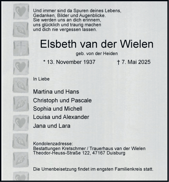 Traueranzeige von Elsbeth van der Wielen von Tageszeitung