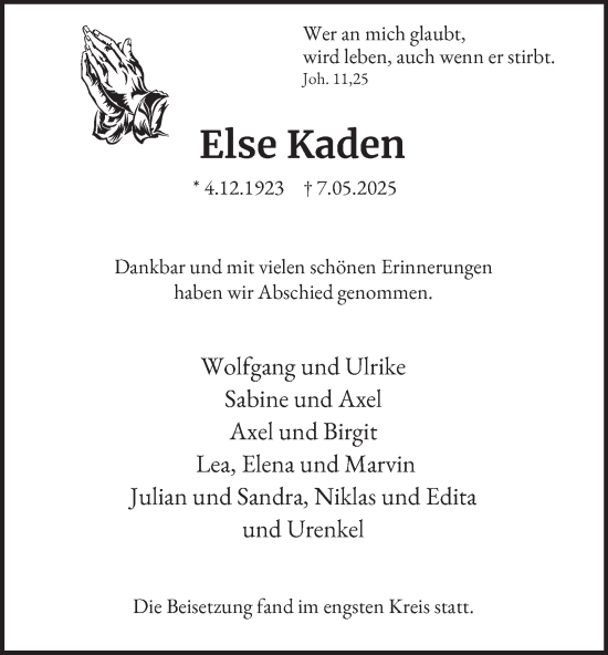 Traueranzeige von Else Kaden von Tageszeitung