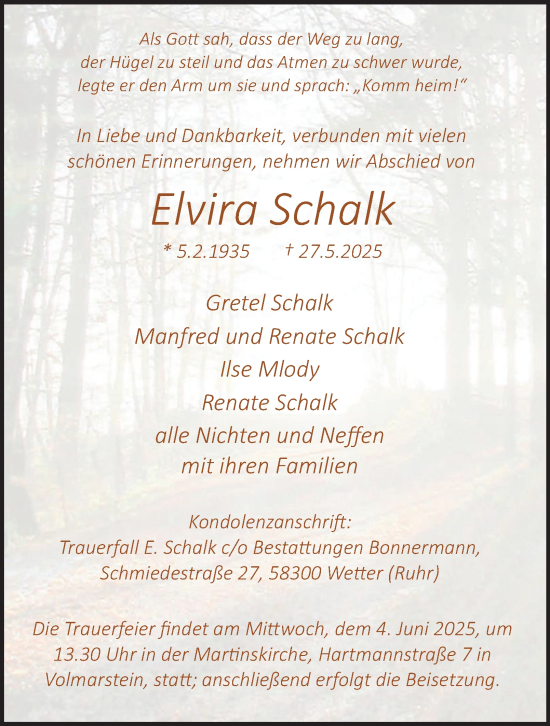 Traueranzeige von Elvira Schalk von Tageszeitung