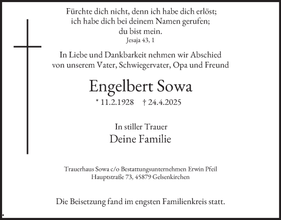 Traueranzeige von Engelbert Sowa von Tageszeitung