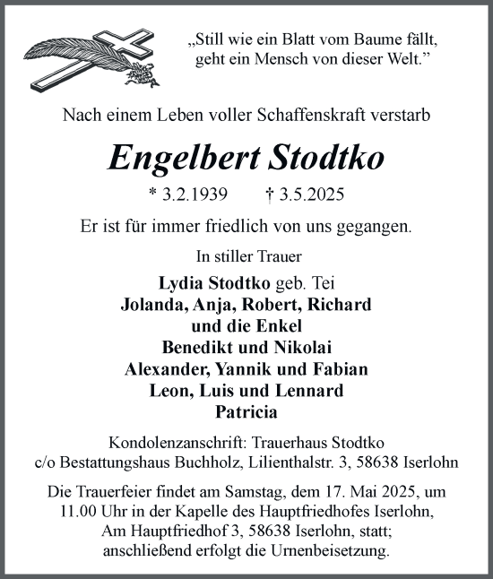 Traueranzeige von Engelbert Stodtko von Tageszeitung