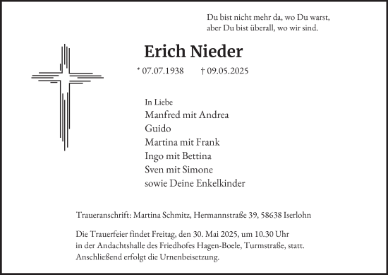 Traueranzeige von Erich Nieder von Tageszeitung