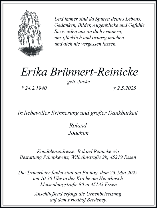 Traueranzeige von Erika Brünnert-Reinicke von Tageszeitung