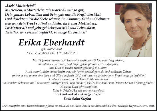 Traueranzeige von Erika Eberhardt von Tageszeitung