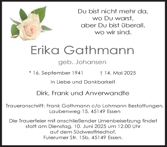 Traueranzeige von Erika Gathmann von Tageszeitung