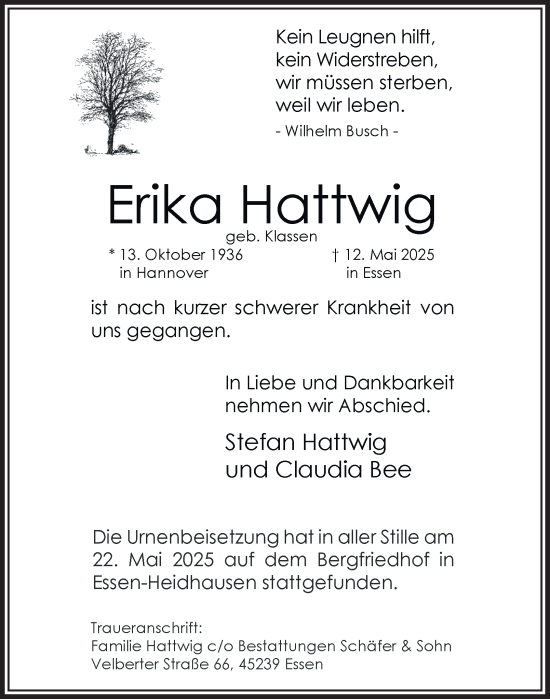 Traueranzeige von Erika Hattwig von Tageszeitung