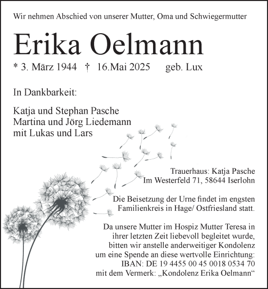 Traueranzeige von Erika Oelmann von Tageszeitung