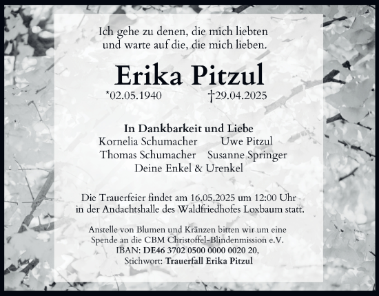 Traueranzeige von Erika Pitzul von Tageszeitung