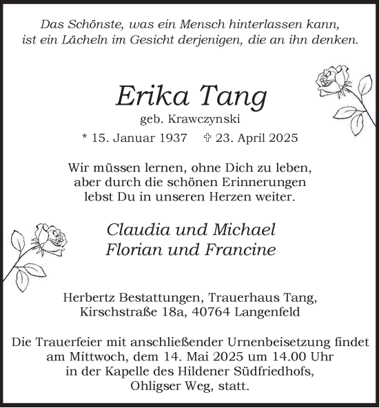 Traueranzeige von Erika Tang von Tageszeitung