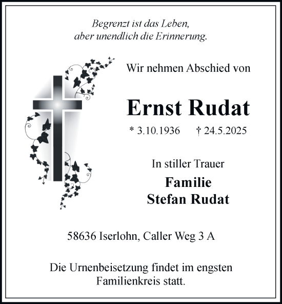 Traueranzeige von Ernst Rudat von Tageszeitung