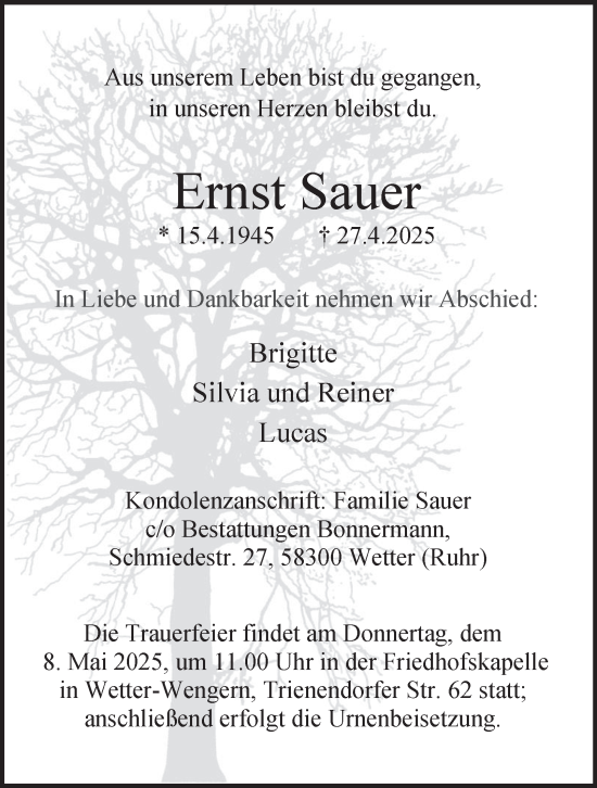 Traueranzeige von Ernst Sauer von Tageszeitung