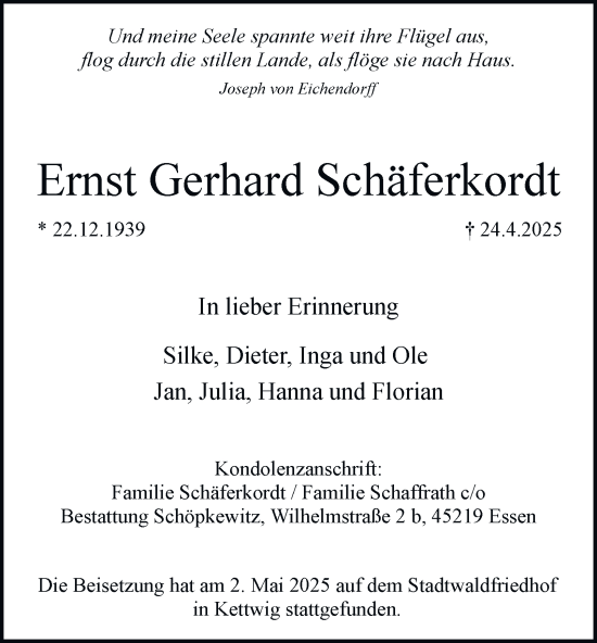 Traueranzeige von Ernst Gerhard Schäferkordt von Tageszeitung