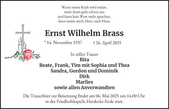 Traueranzeige von Ernst Wilhelm Brass von Tageszeitung