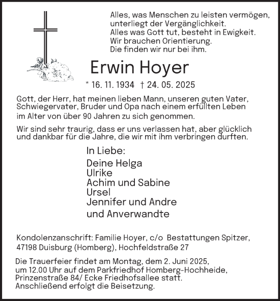 Traueranzeige von Erwin Hoyer von Tageszeitung