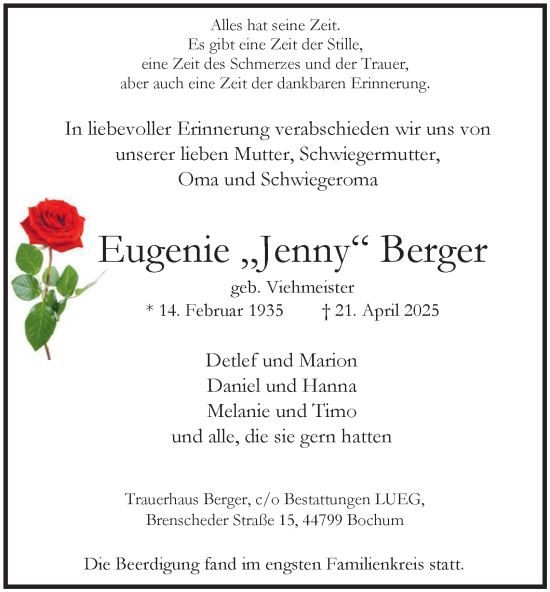 Traueranzeige von Eugenie Berger von Tageszeitung